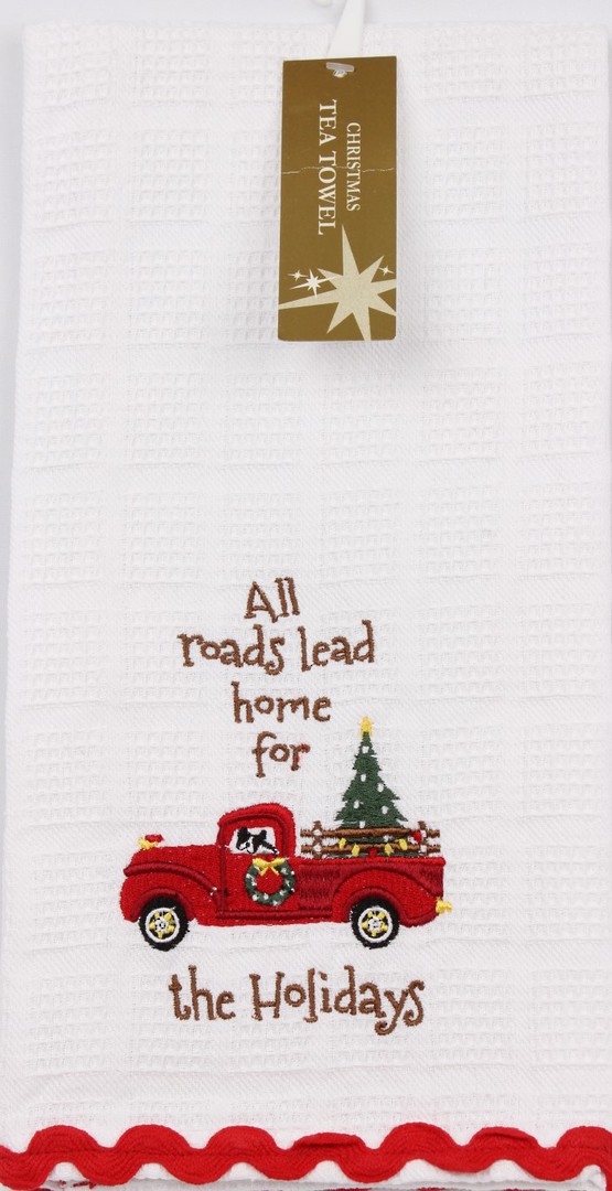 Christmas embroidered waffle weave tea towel 'trucks' white Code:T/T-CH/TRUCK/WHITE image 0